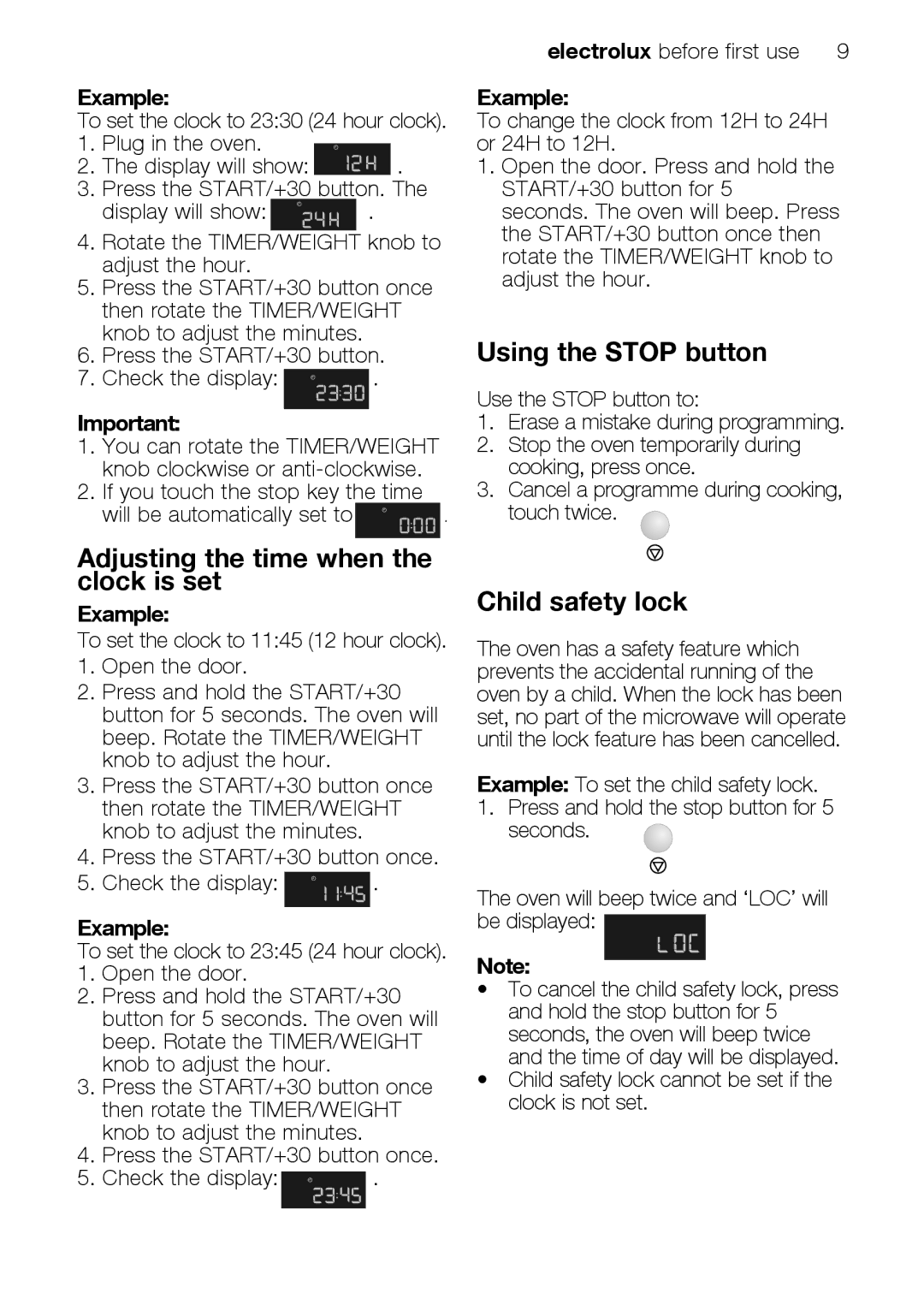 Electrolux EMS26415 user manual Adjusting the time when the clock is set 