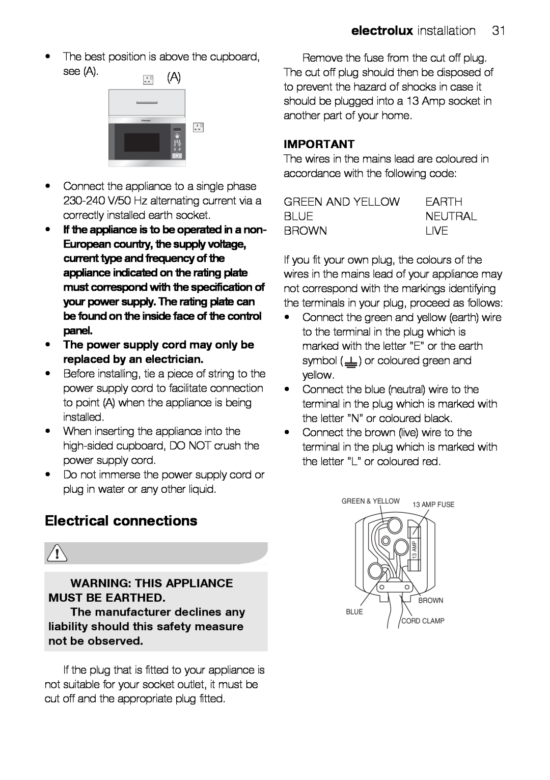Electrolux EMS26415 user manual Electrical connections, electrolux installation, Warning This Appliance Must Be Earthed 