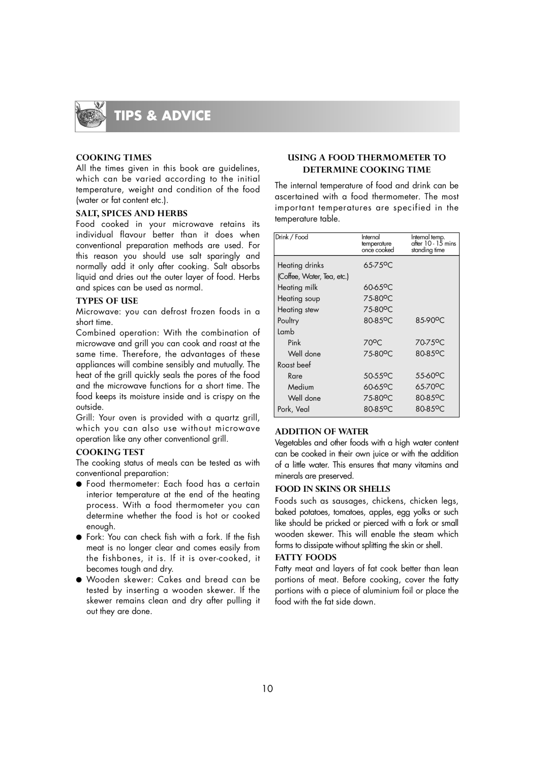 Electrolux EMS2685 manual Cooking Times, SALT, Spices and Herbs, Types of USE, Cooking Test, Addition of Water, Fatty Foods 