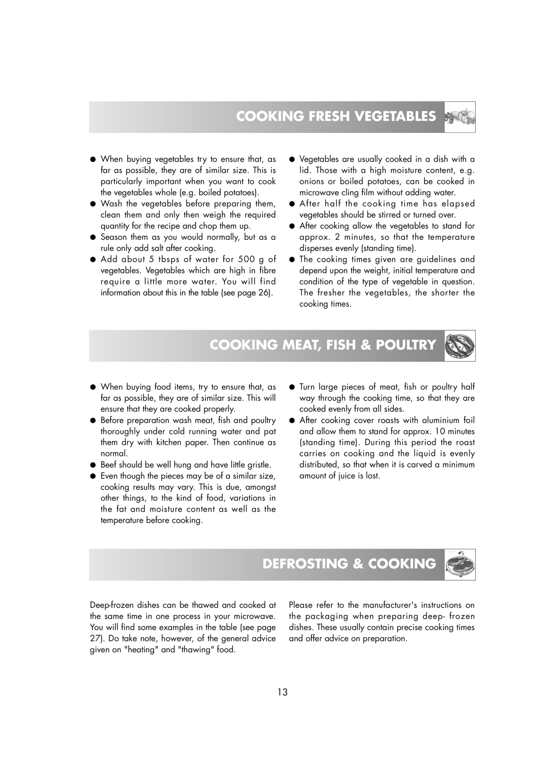 Electrolux EMS2685 manual Cooking Fresh Vegetables, Cooking MEAT, Fish & Poultry, Defrosting & Cooking 