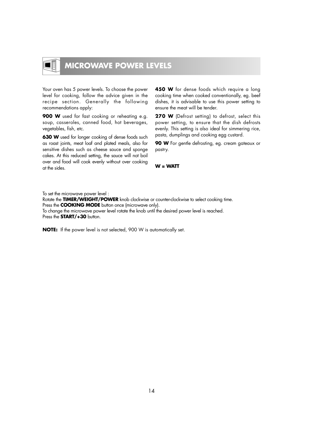 Electrolux EMS2685 manual Microwave Power Levels, = Watt 