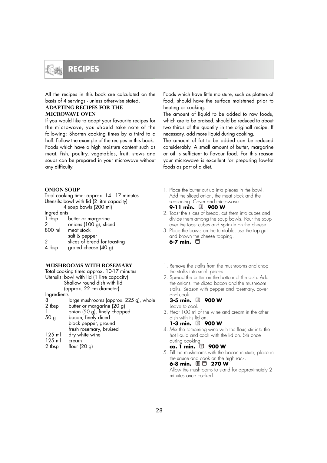 Electrolux EMS2685 manual Adapting Recipes for Microwave Oven, Onion Soup, Mushrooms with Rosemary 