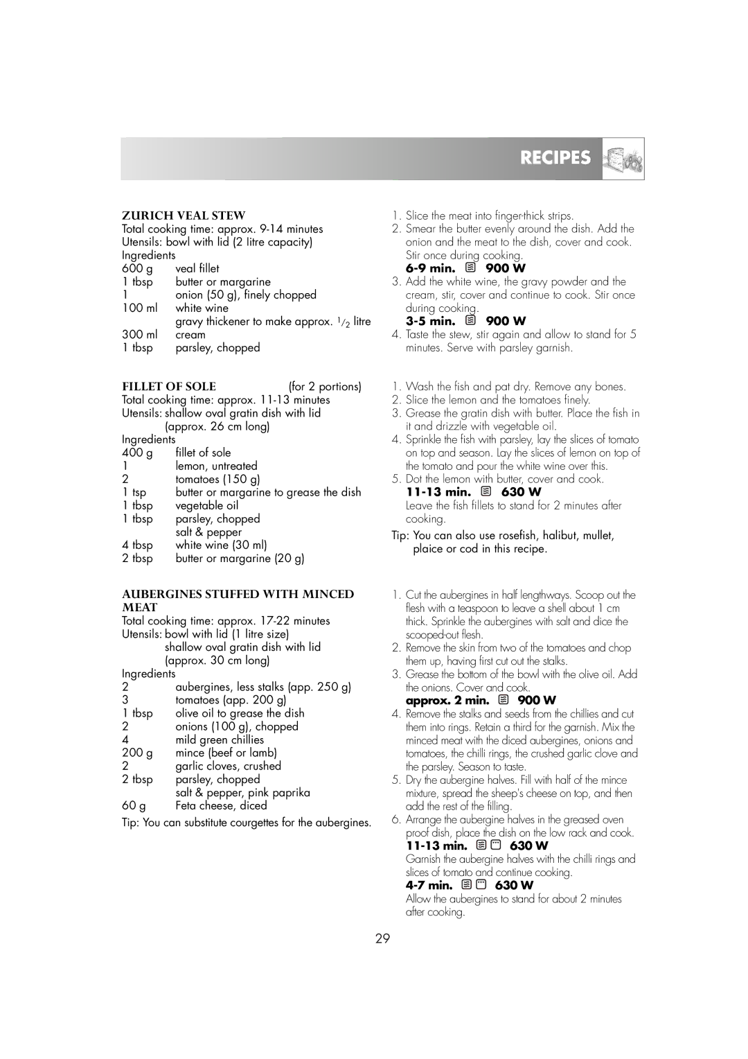 Electrolux EMS2685 manual Zurich Veal Stew, Aubergines Stuffed with Minced Meat, Tomatoes app g, Approx min W 