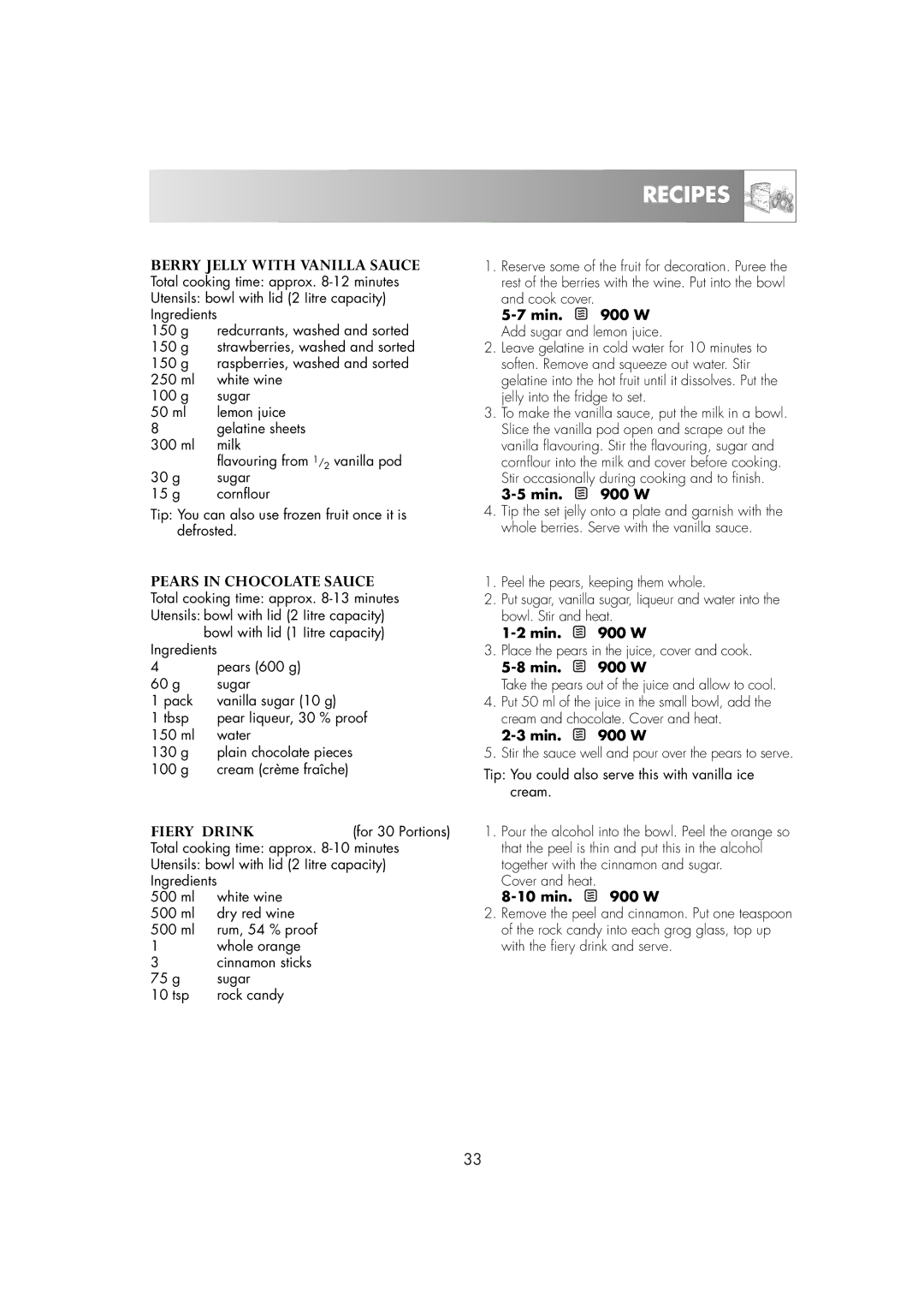 Electrolux EMS2685 manual Fiery Drink, Min W Add sugar and lemon juice 