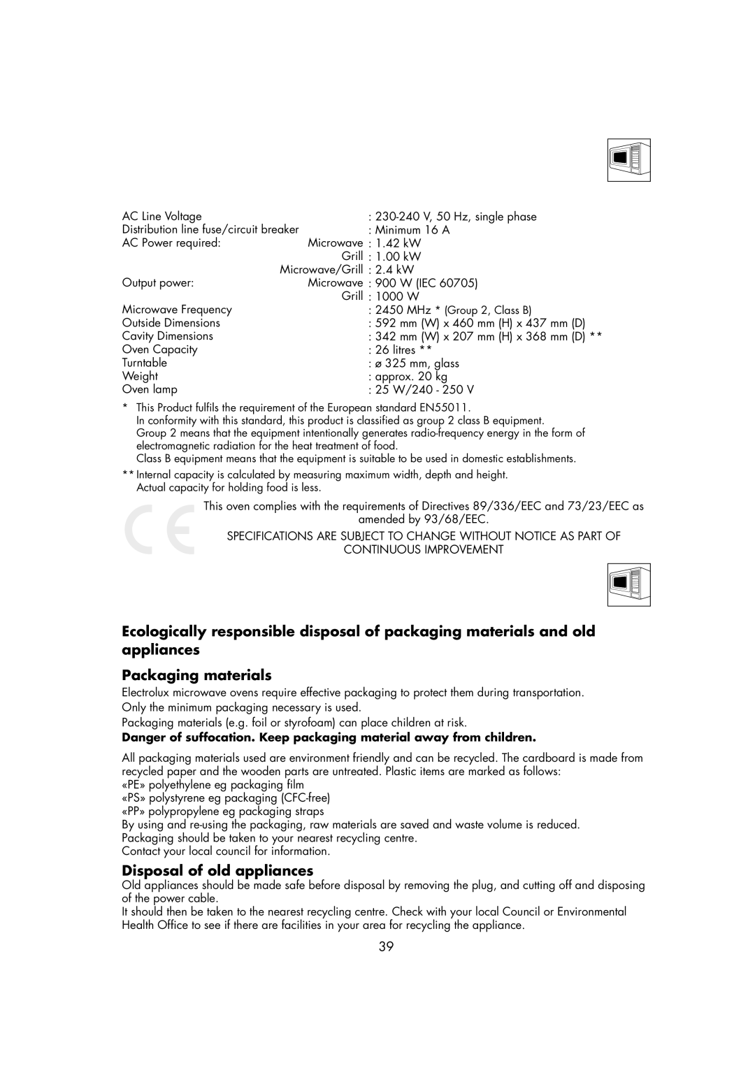 Electrolux EMS2685 manual Specifications, Important Information 