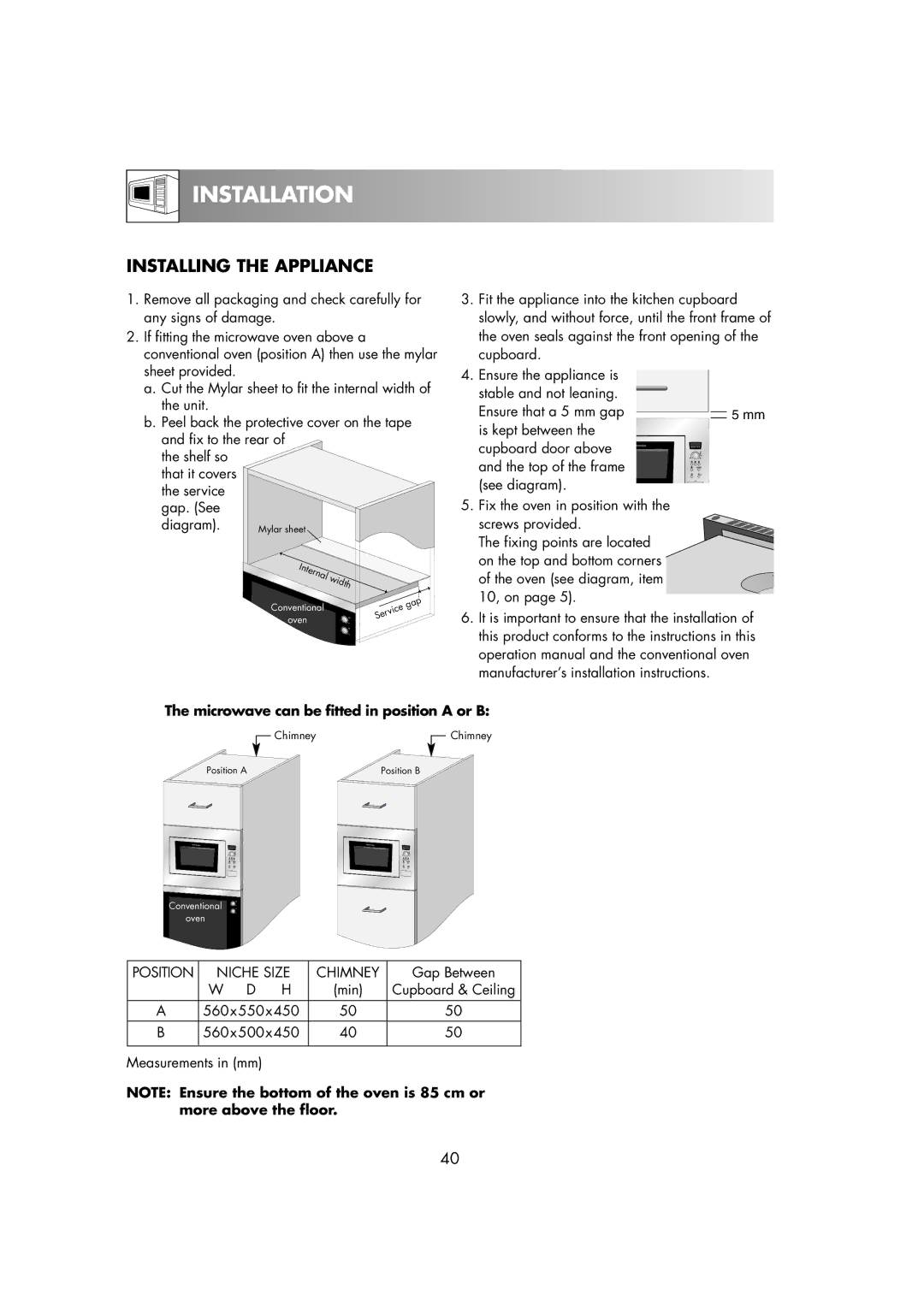 Electrolux EMS2685 manual Installation, Microwave can be fitted in position a or B, Gap Between 