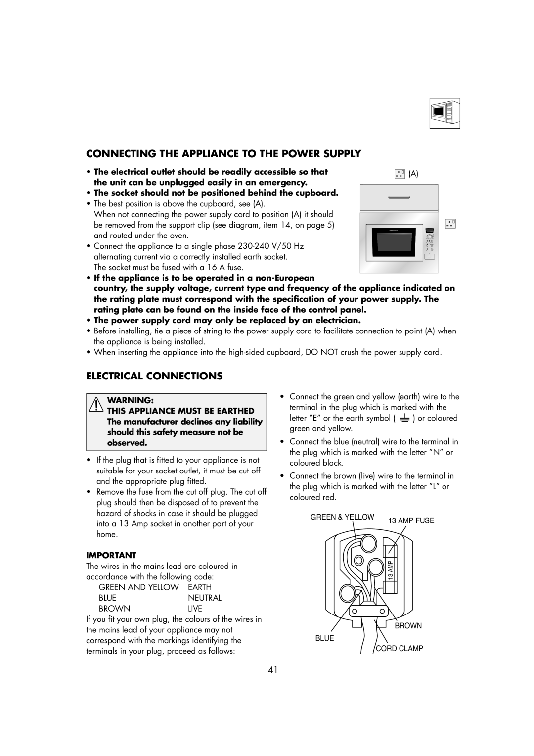 Electrolux EMS2685 manual Connecting the Appliance to the Power Supply 