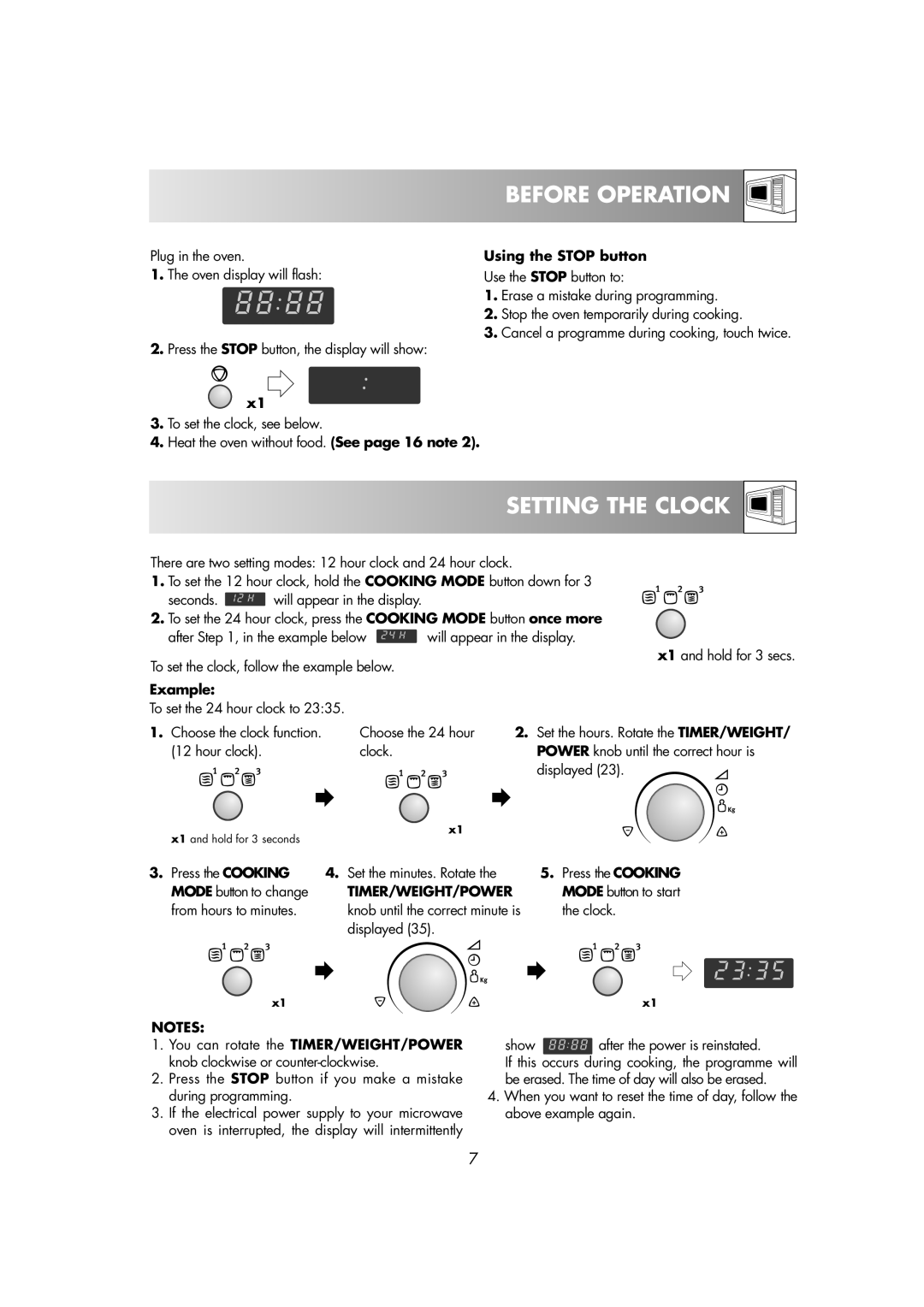 Electrolux EMS2685 manual Setting the Clock, Using the Stop button, Example, Press the Cooking, Timer/Weight/Power 