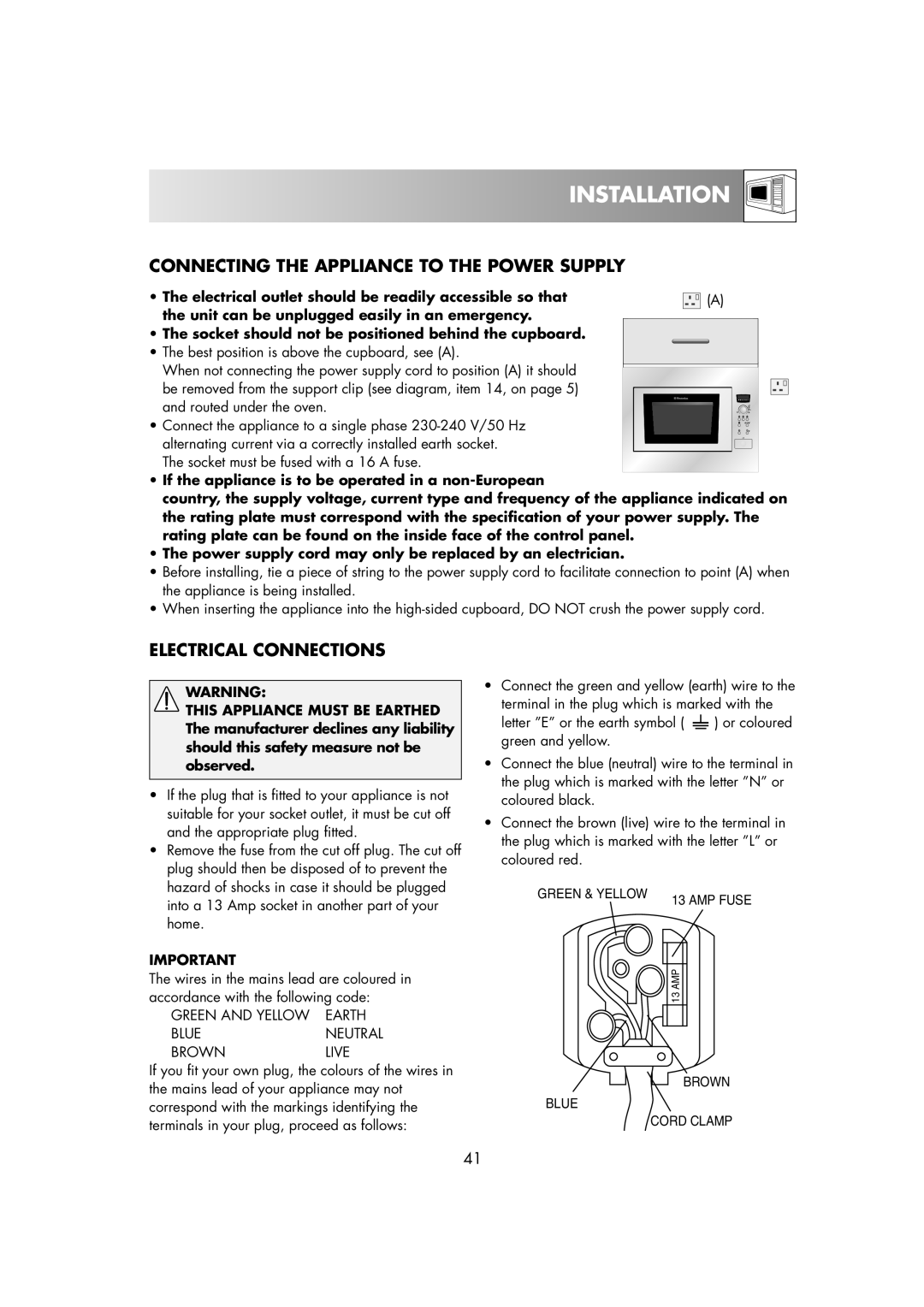 Electrolux EMS2685 manual Connecting The Appliance To The Power Supply, Electrical Connections, Installation 