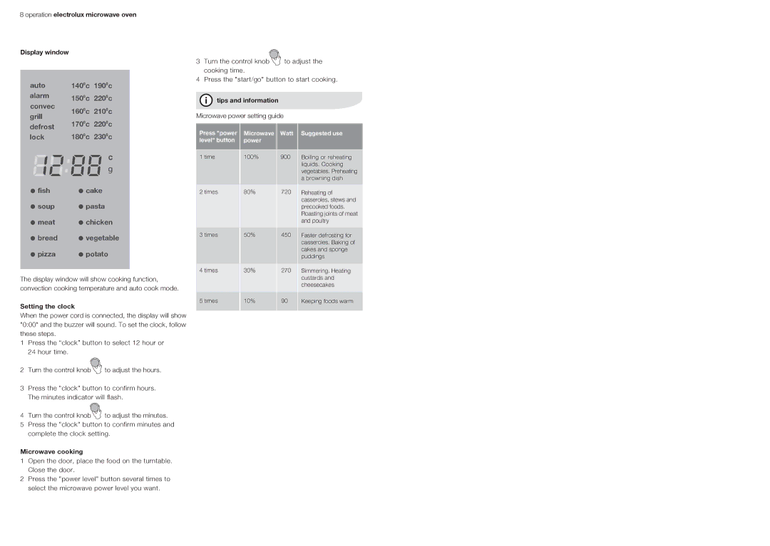 Electrolux EMS3067X user manual Operation electrolux microwave oven Display window, Setting the clock, Microwave cooking 
