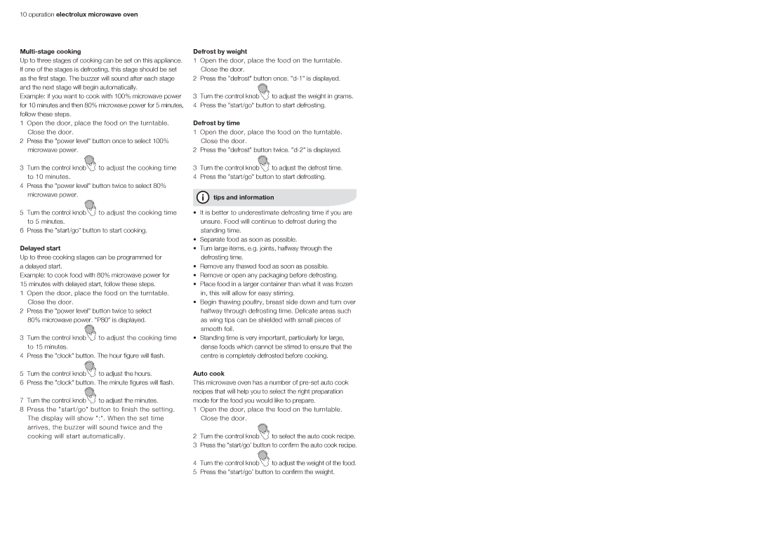 Electrolux EMS3067X Operation electrolux microwave oven Multi-stage cooking, Delayed start, Defrost by weight, Auto cook 