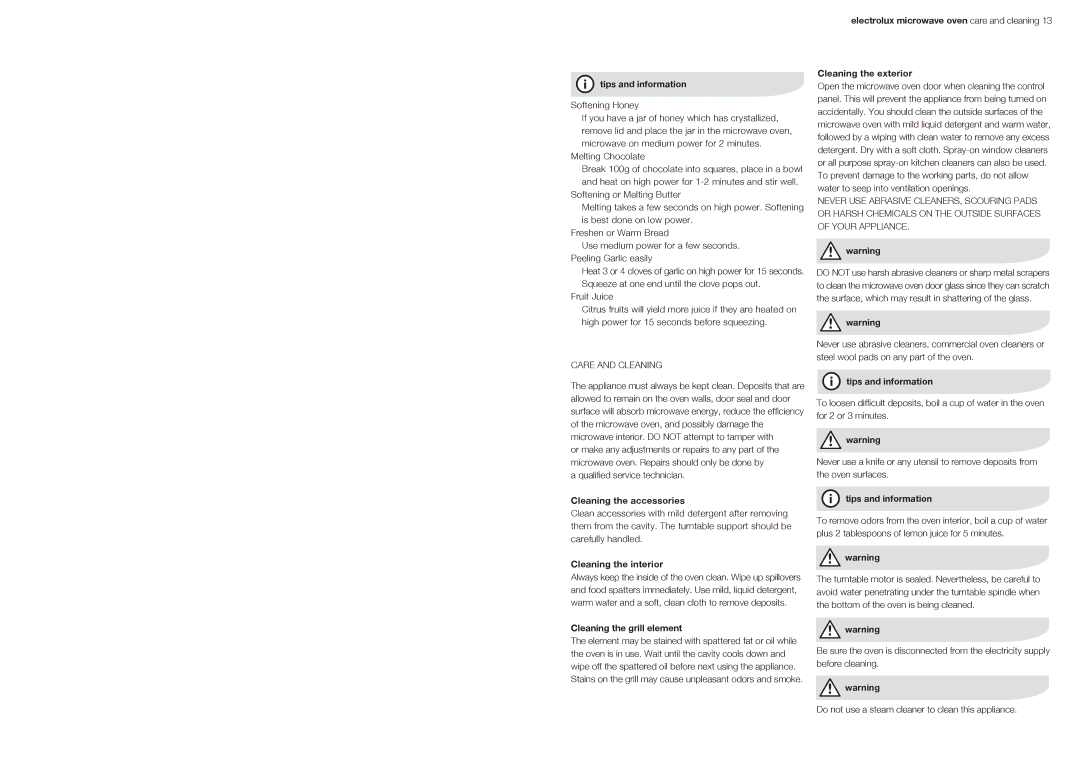 Electrolux EMS3067X user manual Cleaning the accessories, Cleaning the interior, Cleaning the grill element 