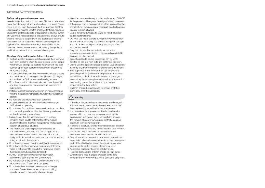 Electrolux EMS3067X user manual Important Safety Information 