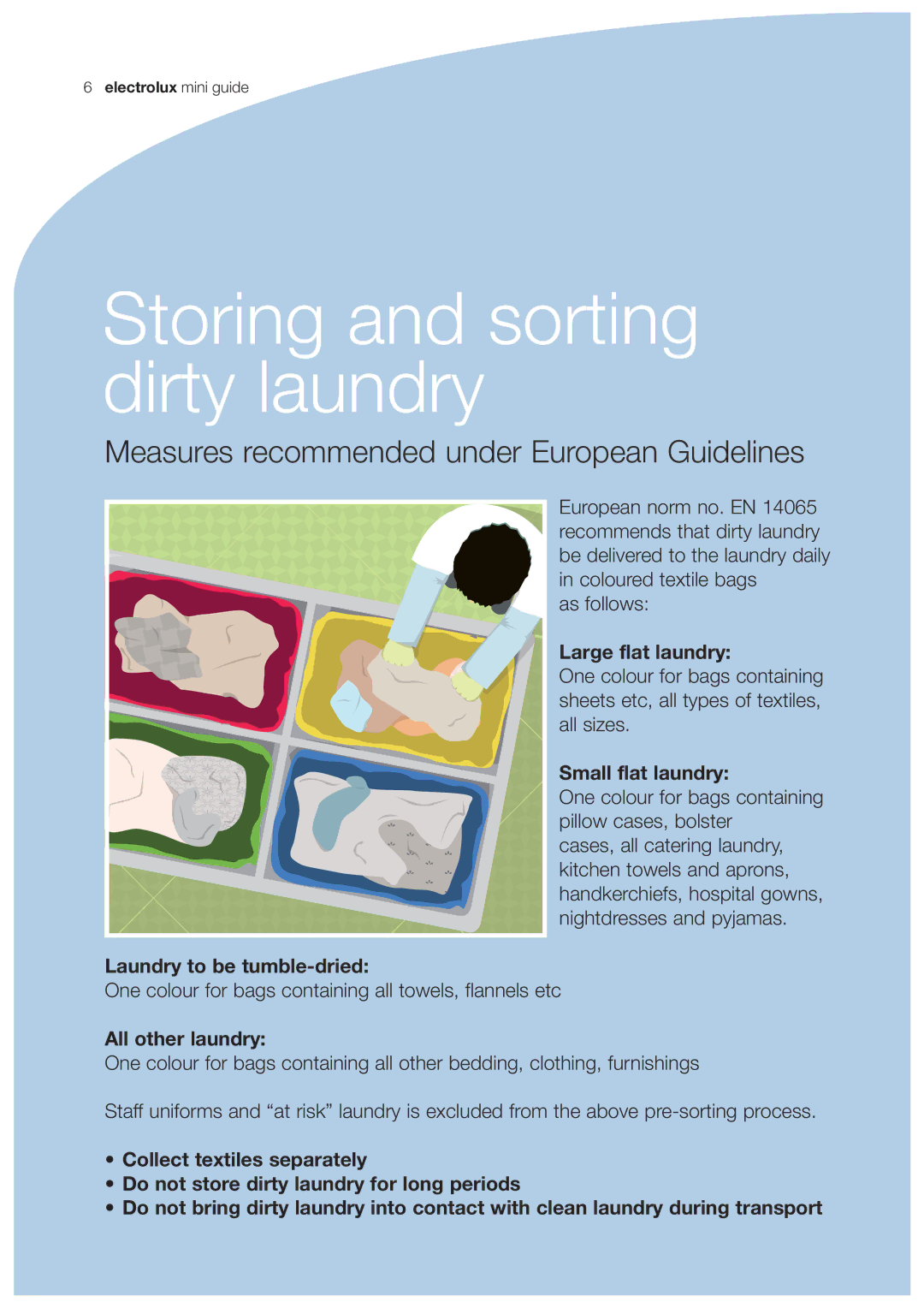 Electrolux EN 14065 manual Storing and sorting dirty laundry, Measures recommended under European Guidelines 