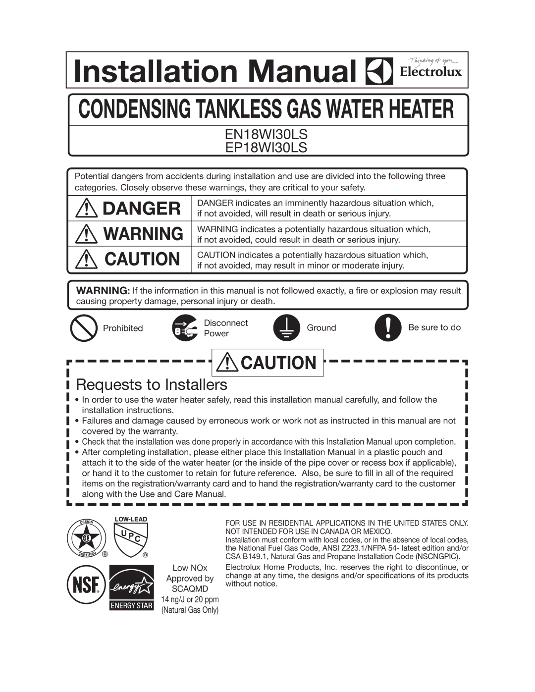 Electrolux EP18WI30LS, EN18WI30LS installation manual Installation Manual, Natural Gas Only 