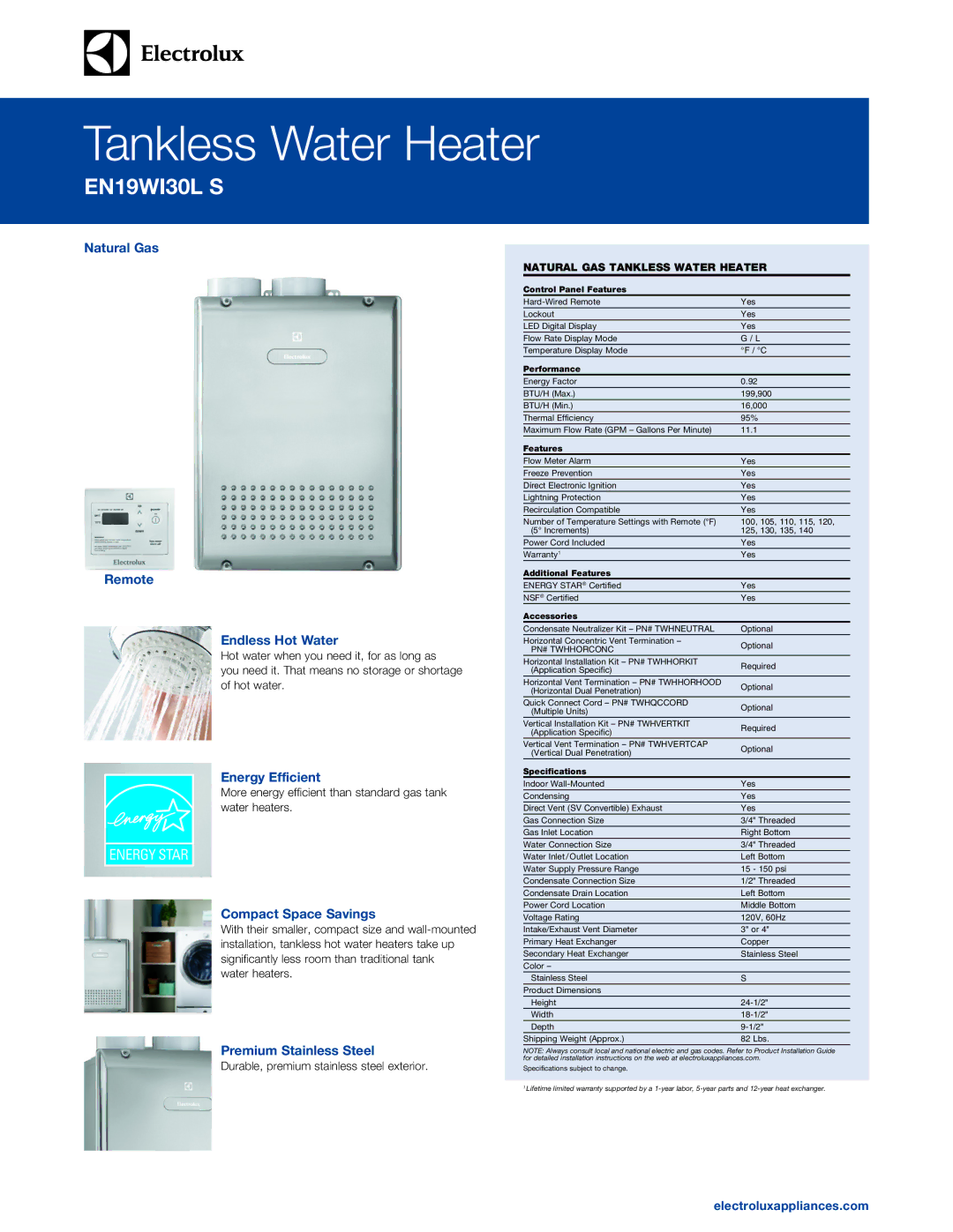 Electrolux EN19WI30L S warranty Natural Gas Remote Endless Hot Water, Energy Efficient, Compact Space Savings 