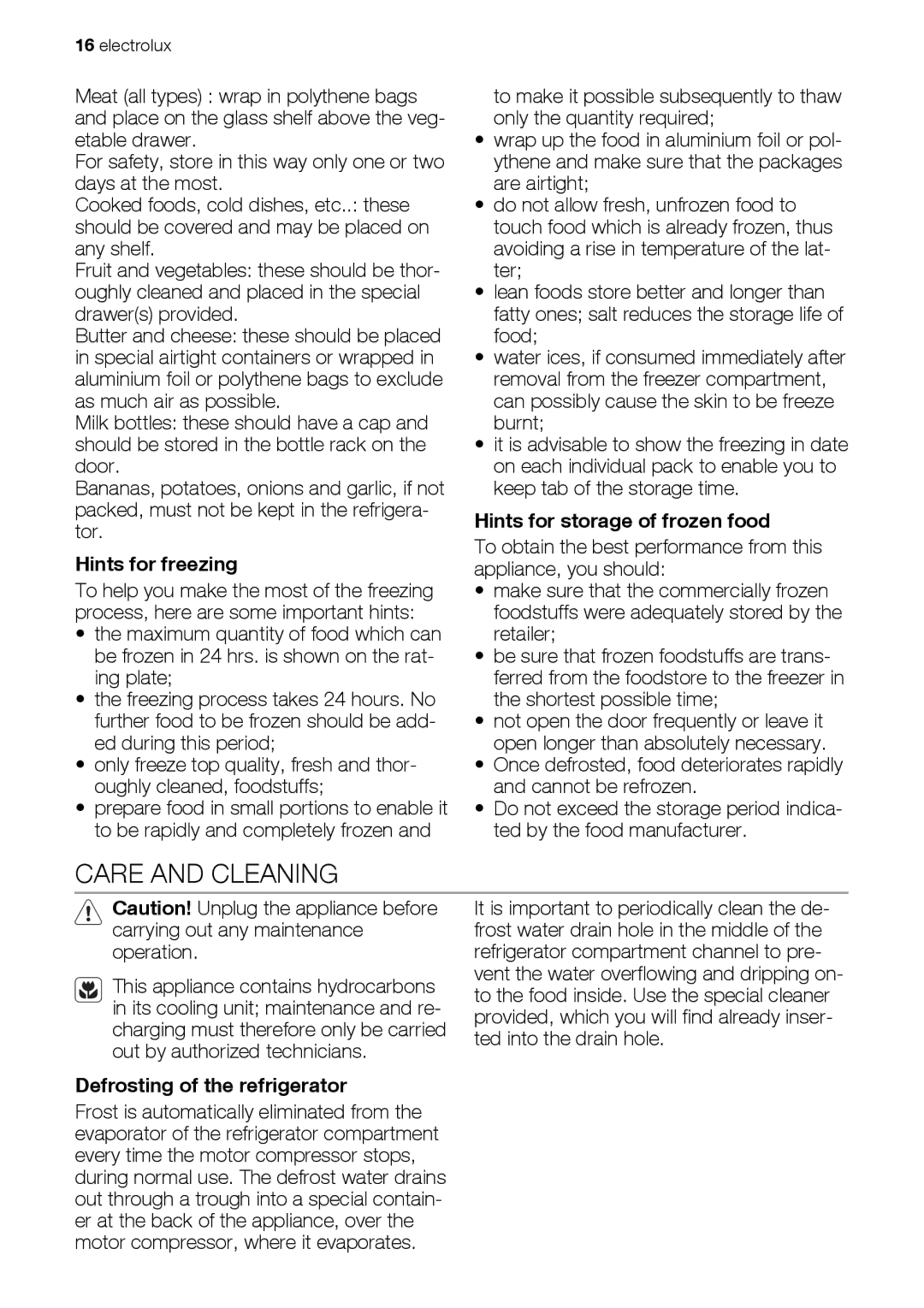 Electrolux ENA34835W user manual Care and Cleaning, Hints for freezing, Hints for storage of frozen food 