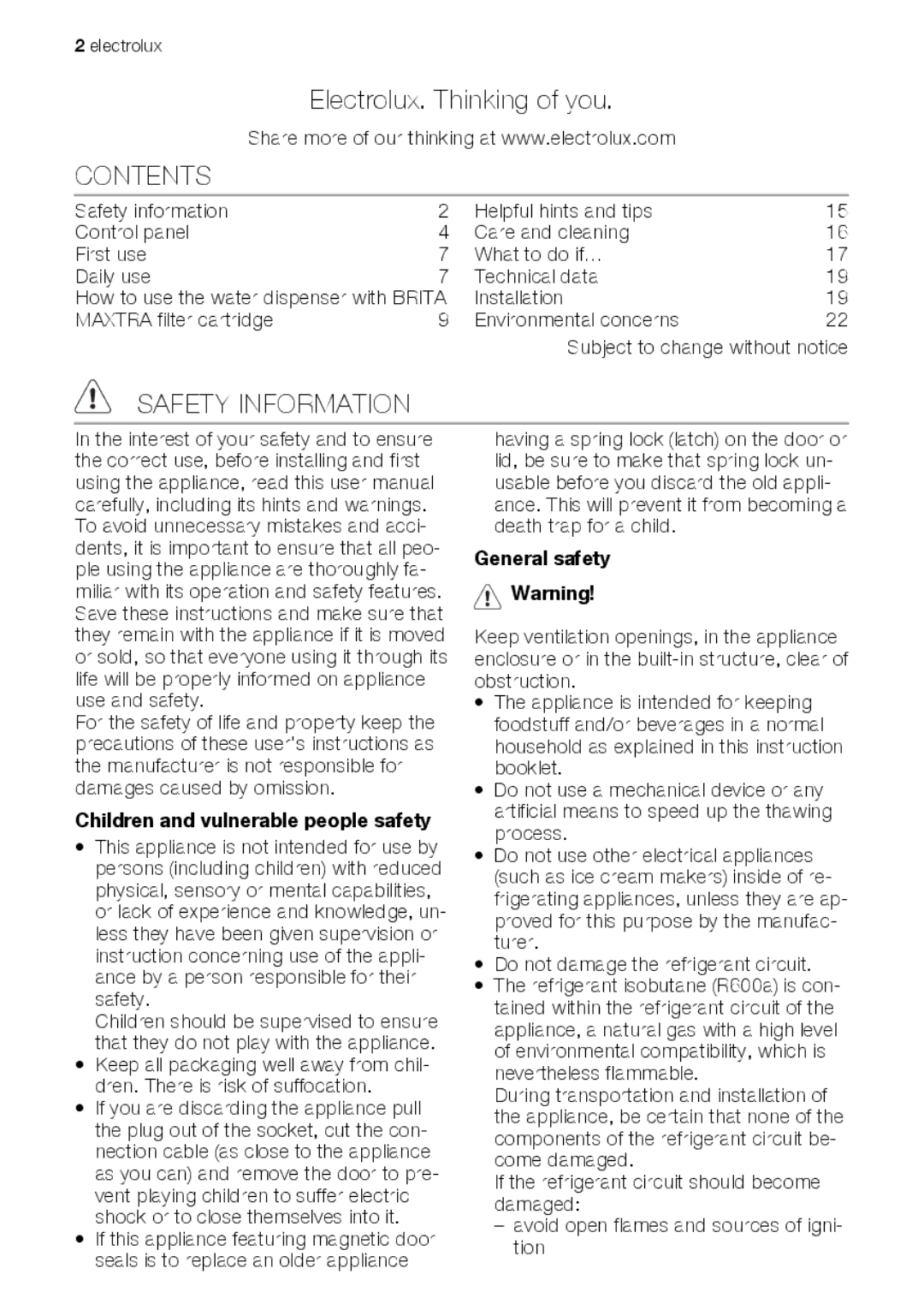 Electrolux ENA34835W user manual Contents, Safety Information 