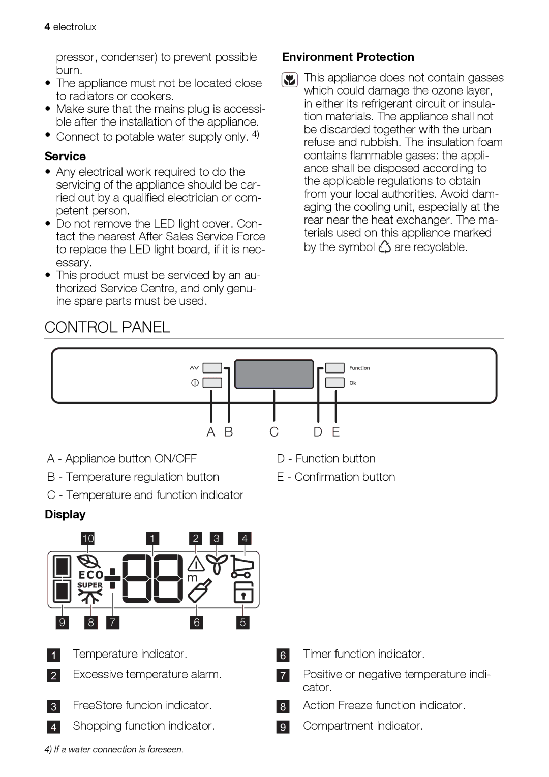 Electrolux ENA34835W user manual Control Panel, Service, Environment Protection 