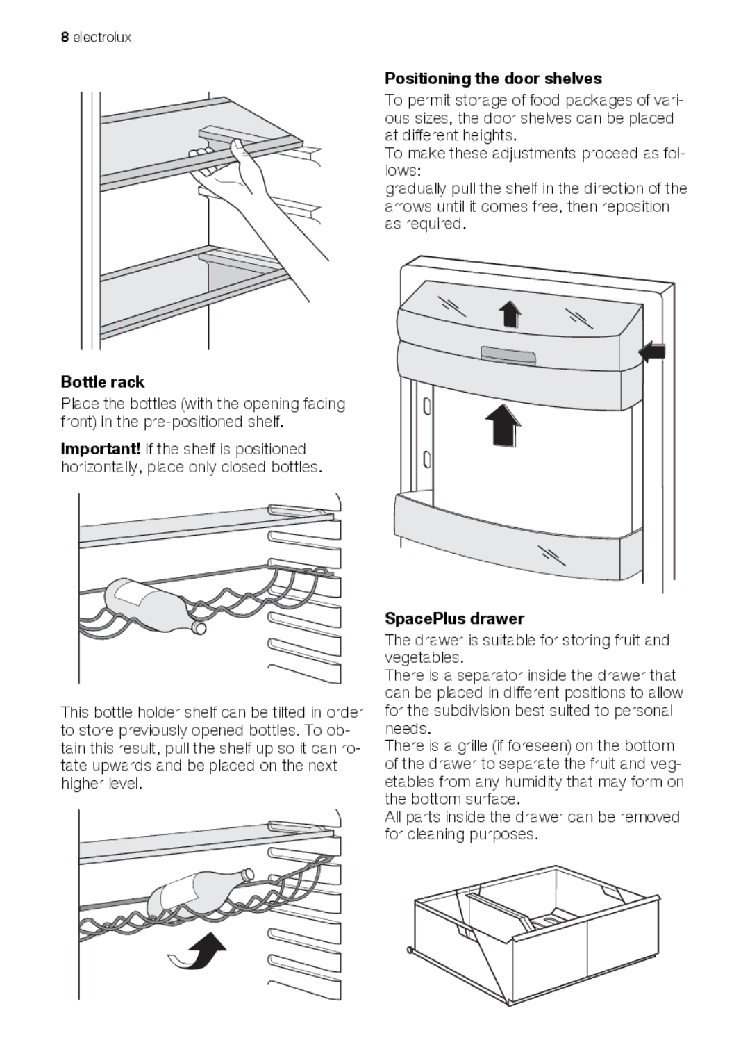 Electrolux ENA34835W user manual Bottle rack, Positioning the door shelves, SpacePlus drawer 