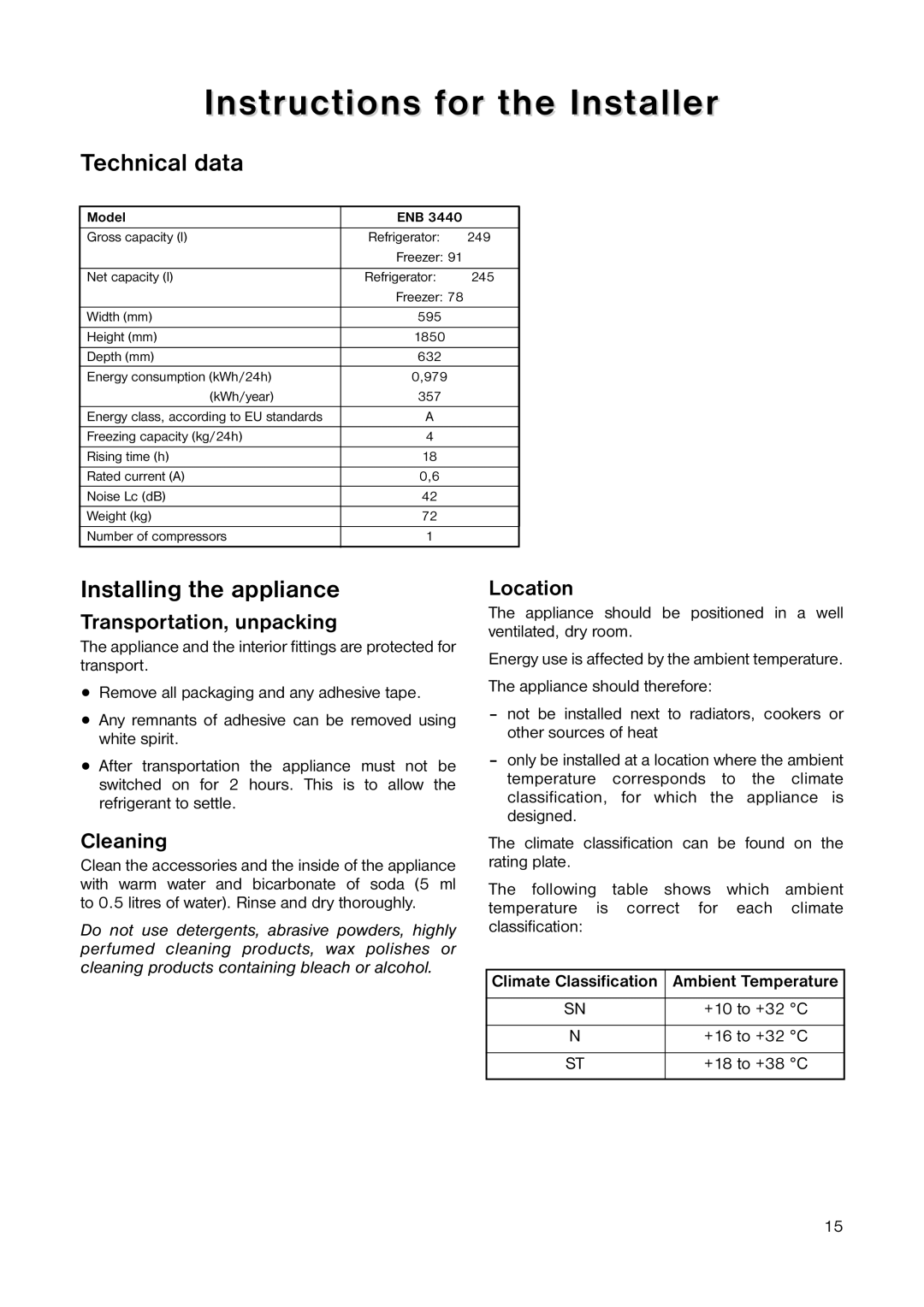 Electrolux ENB 3440 manual Instructions for the Installer, Technical data, Installing the appliance 