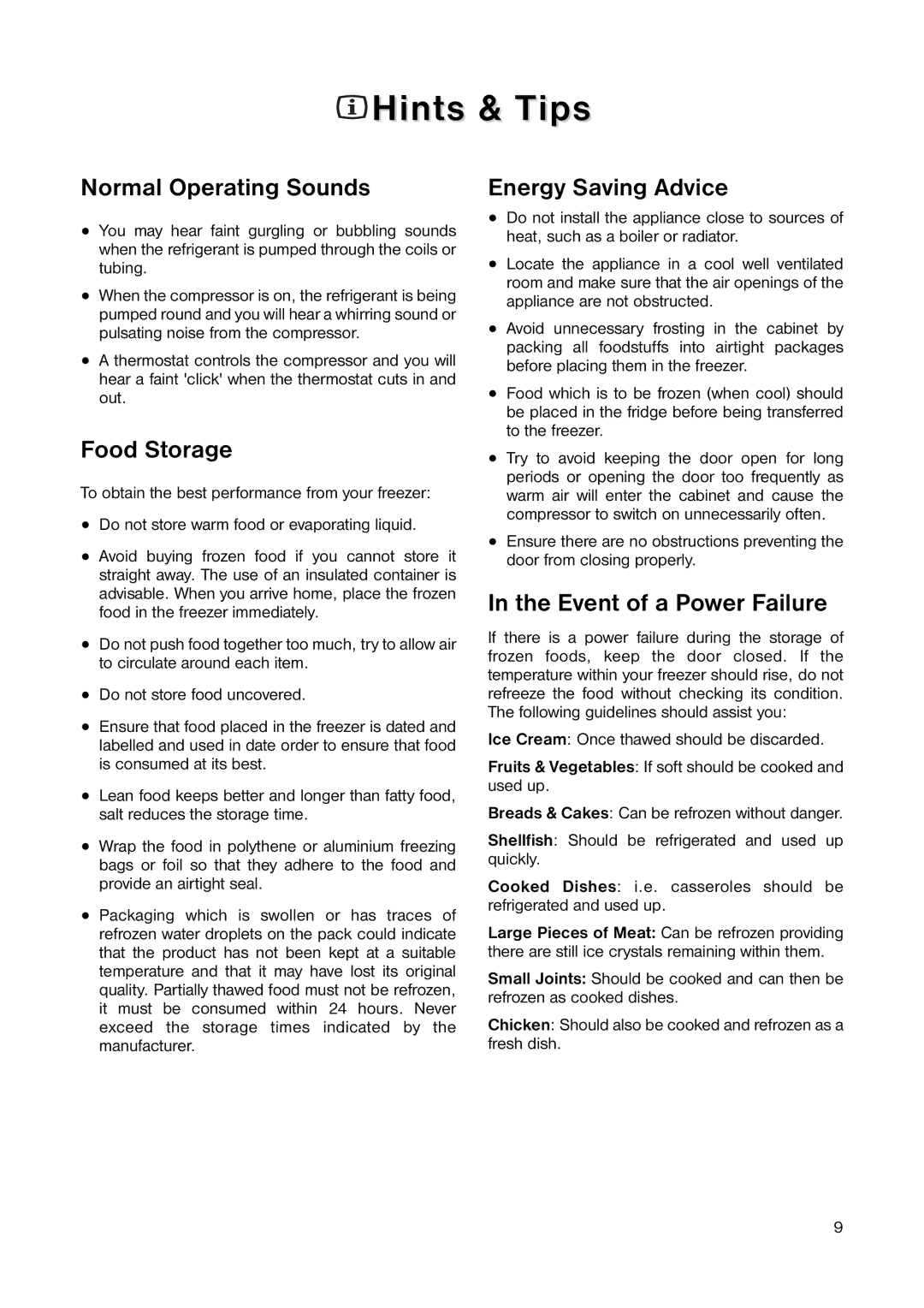 Electrolux ENB 3440 Hints & Tips, Normal Operating Sounds, Food Storage, Energy Saving Advice, Event of a Power Failure 