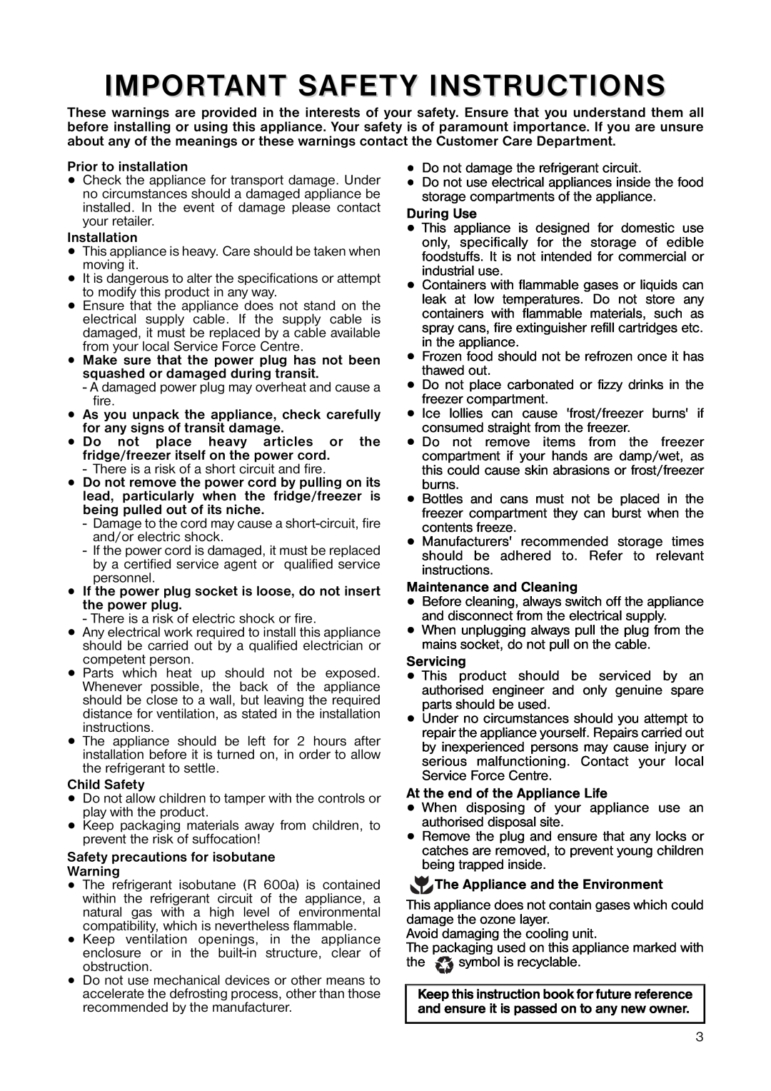 Electrolux ENB 3440 manual Important Safety Instructions 