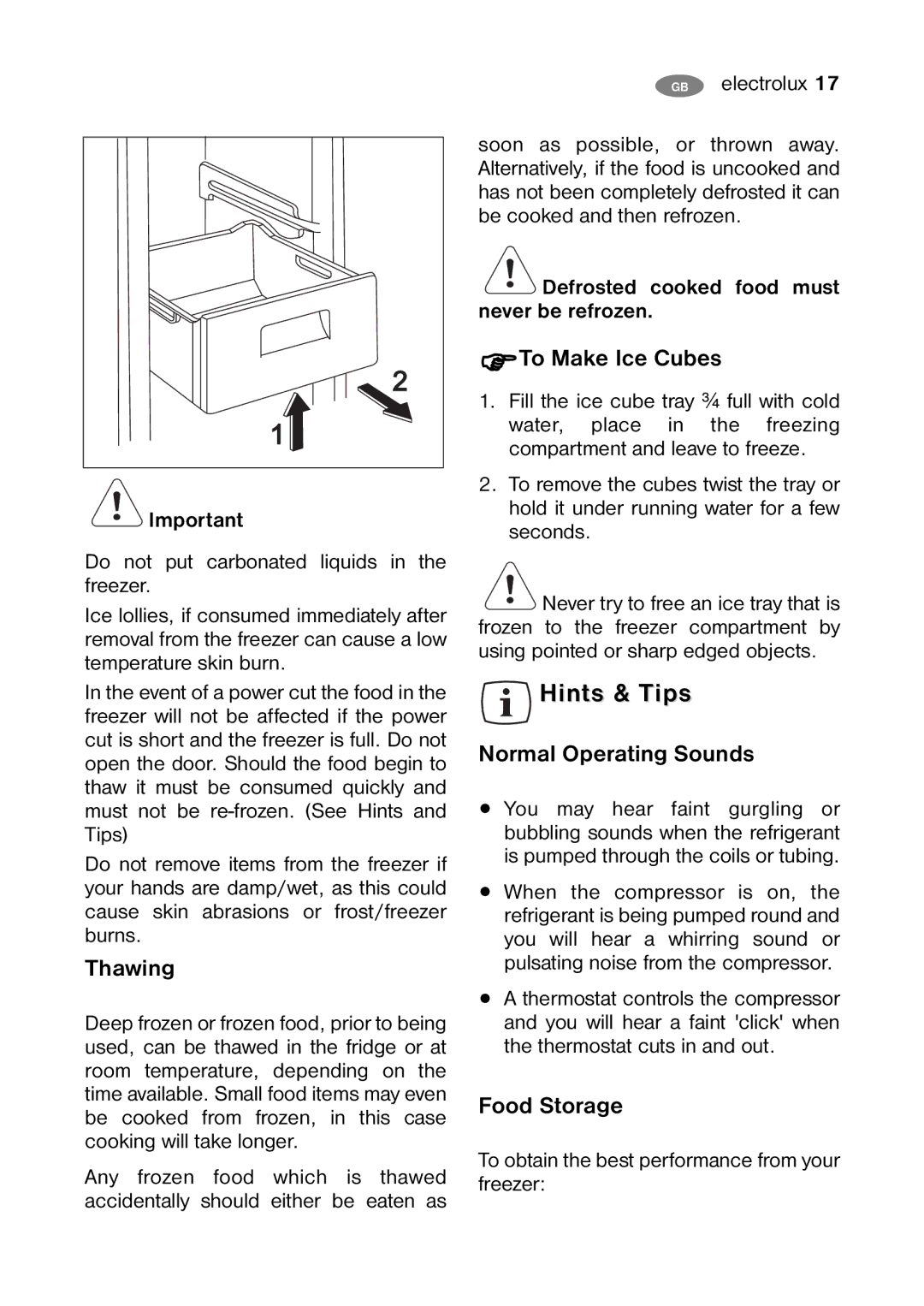 Electrolux ENB 38607 W, ENB 38607 X Hints & Tips, Thawing, To Make Ice Cubes, Normal Operating Sounds, Food Storage 