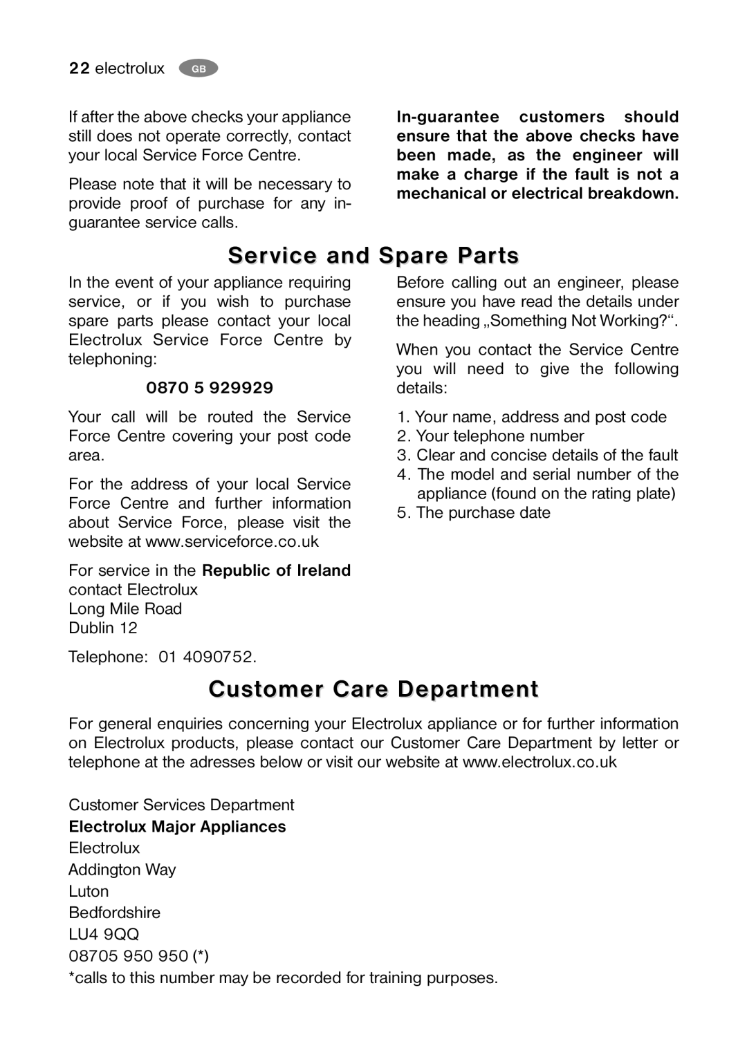 Electrolux ENB 38607 W8 user manual Service and Spare Parts, Customer Care Department, 0870 5, Electrolux Major Appliances 