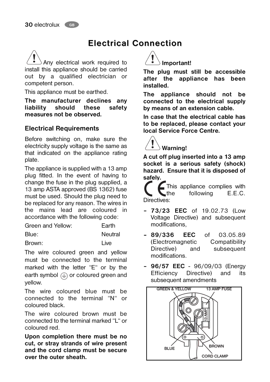 Electrolux ENB 38607 X, ENB 38607 W8 user manual Electrical Connection, Electrical Requirements, 89/336 EEC 