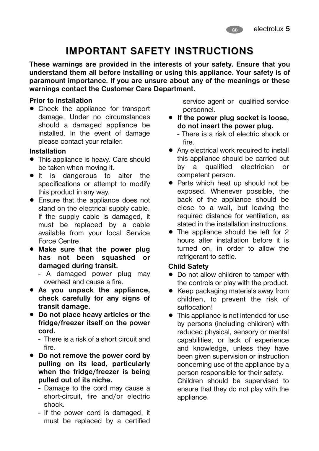 Electrolux ENB 38607 X, ENB 38607 W8 user manual Installation, Child Safety 