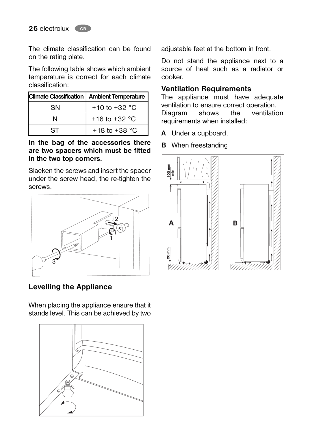 Electrolux ENB 38607 X, ENB 38607 W8 user manual Ventilation Requirements, Levelling the Appliance 