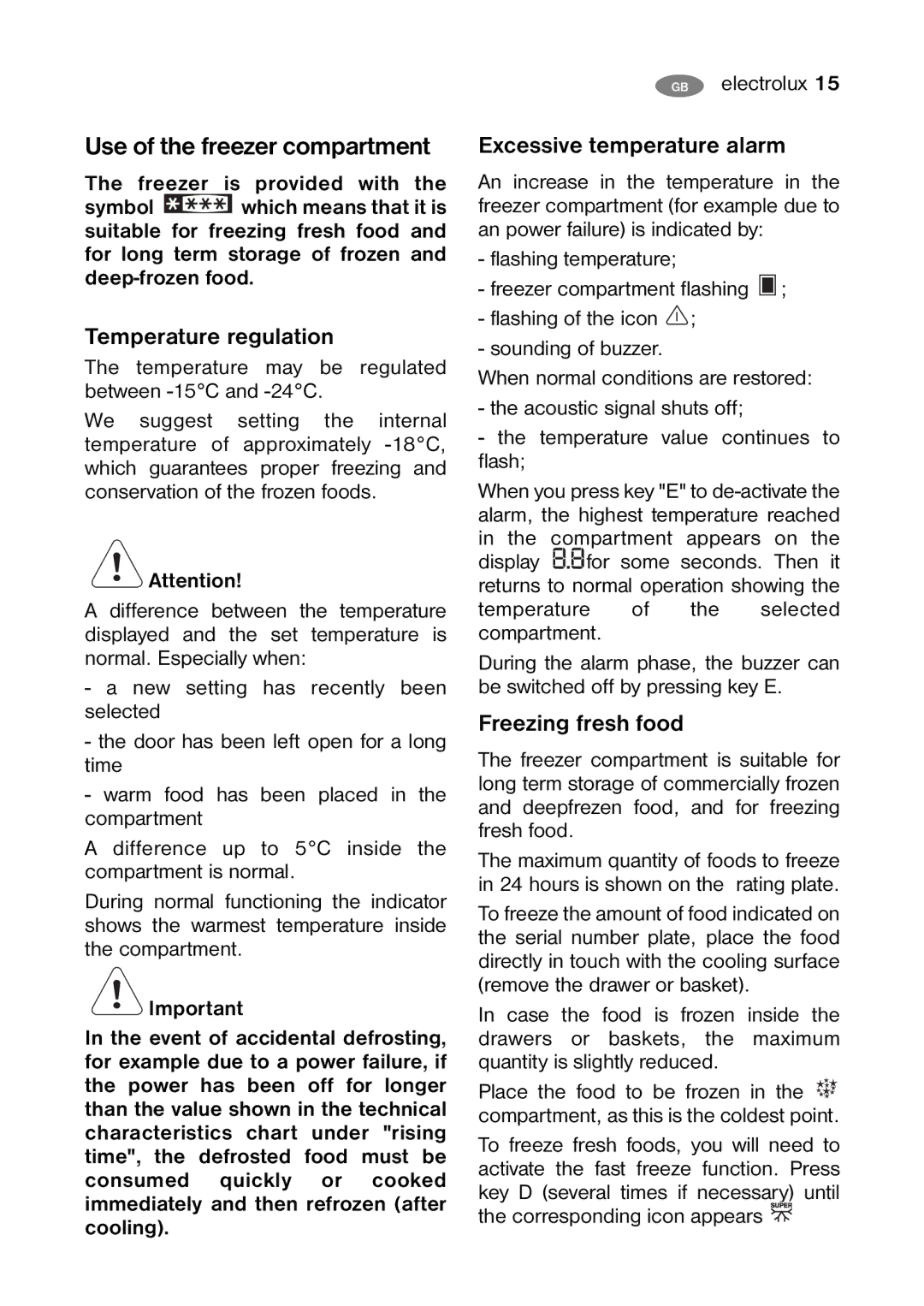Electrolux ENB 35400 X8, ENB 39400 X Use of the freezer compartment, Excessive temperature alarm, Freezing fresh food 
