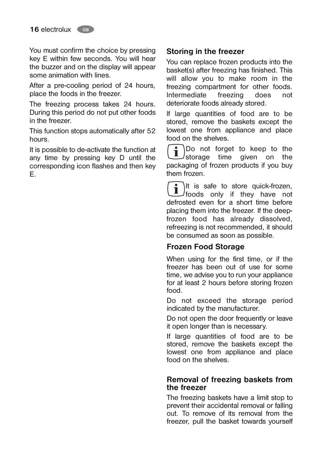 Electrolux ENB 35400 W8 Storing in the freezer, Frozen Food Storage, Removal of freezing baskets from the freezer 