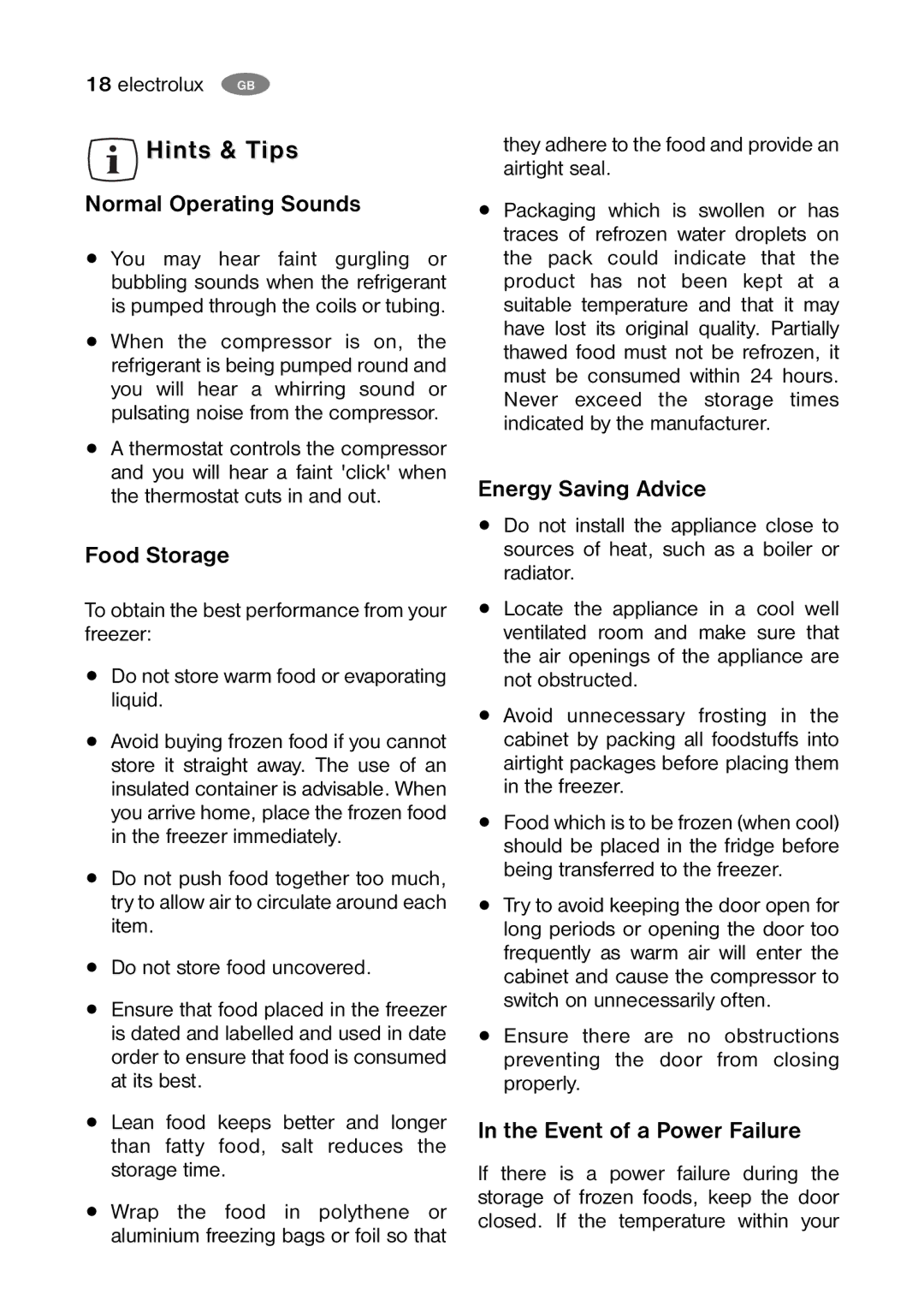 Electrolux ENB 39400 X Hints & Tips, Normal Operating Sounds, Food Storage, Energy Saving Advice, Event of a Power Failure 