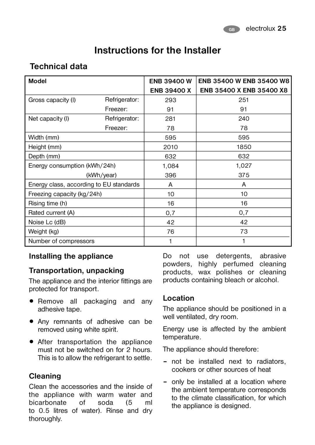 Electrolux ENB 39400 W Instructions for the Installer, Technical data, Installing the appliance Transportation, unpacking 