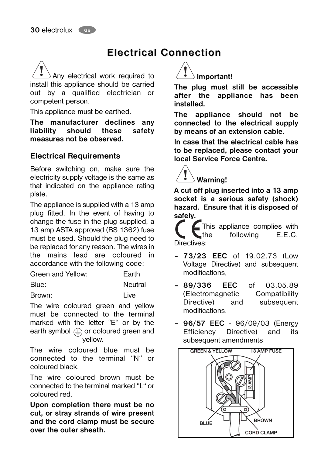 Electrolux ENB 39400 X, ENB 39400 W user manual Electrical Connection, Electrical Requirements, Green and Yellow, 89/336 EEC 