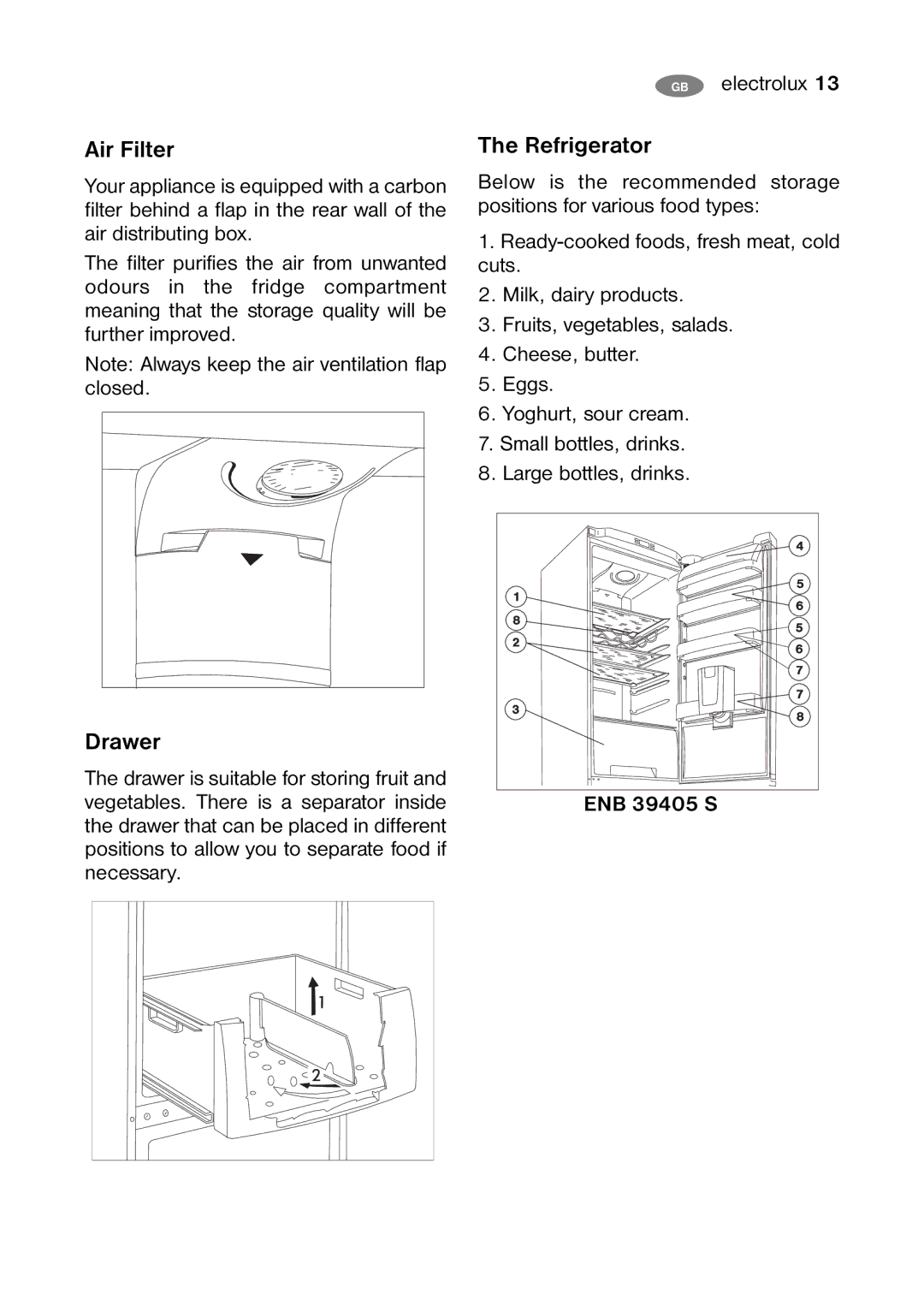 Electrolux ENB 35405 S user manual Air Filter, Drawer, Refrigerator, ENB 39405 S 