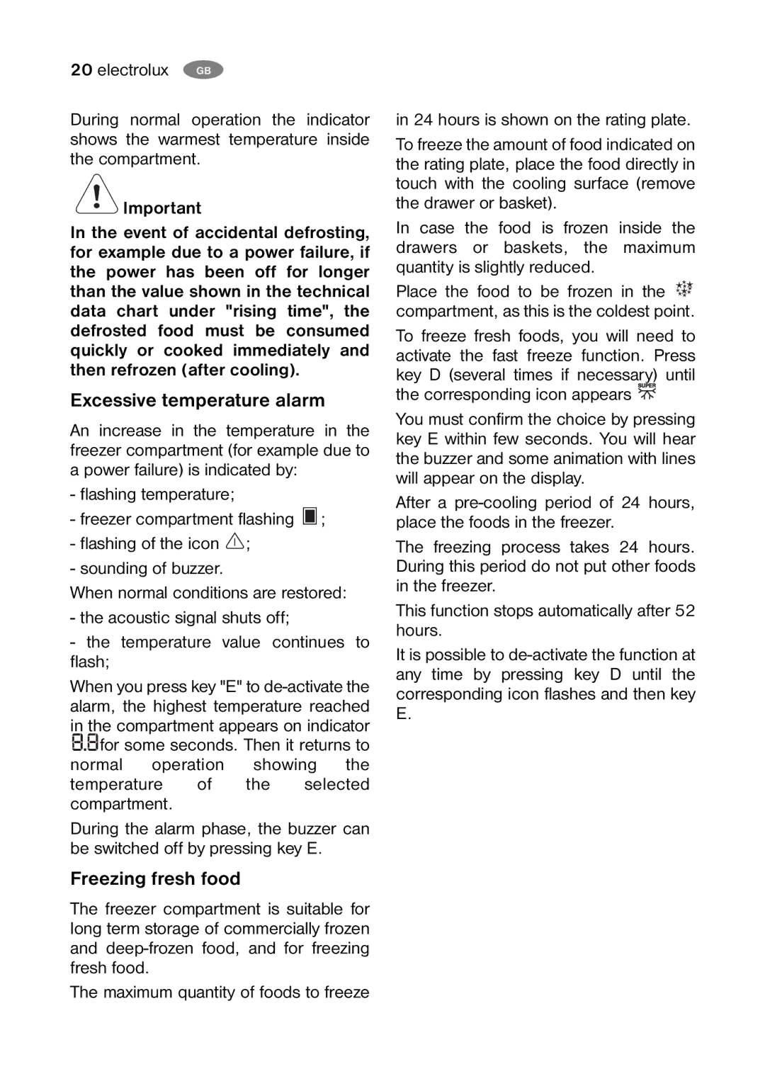 Electrolux ENB 39405 S, ENB 35405 S user manual Excessive temperature alarm, Freezing fresh food 