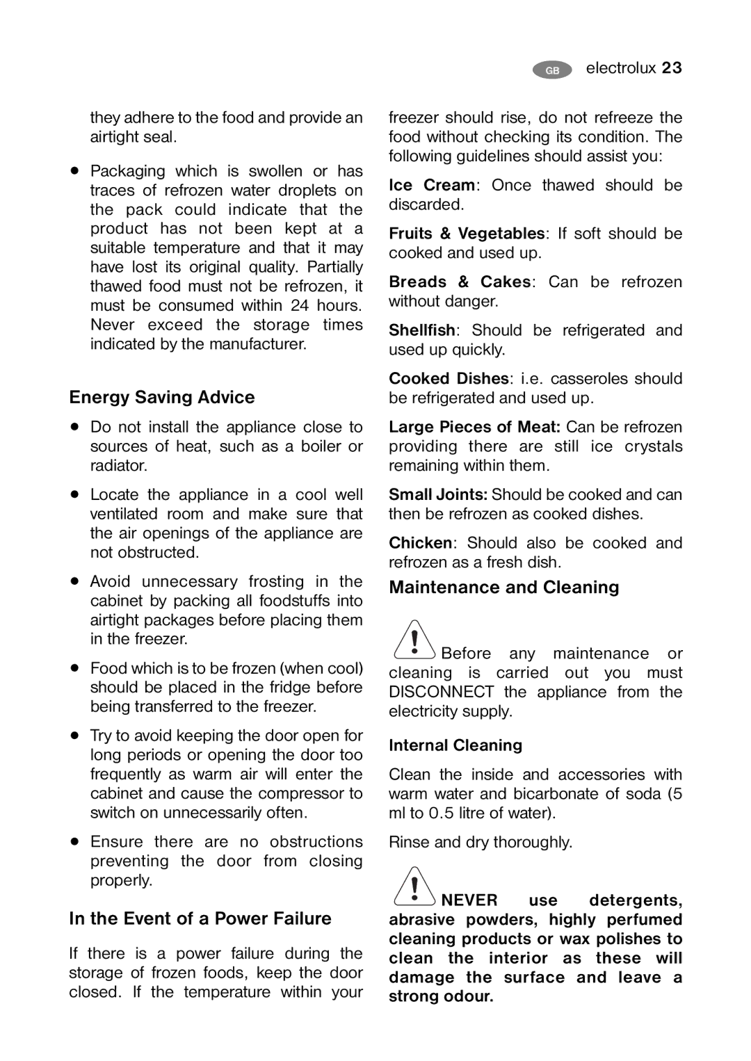 Electrolux ENB 35405 S Energy Saving Advice, Event of a Power Failure, Maintenance and Cleaning, Internal Cleaning 