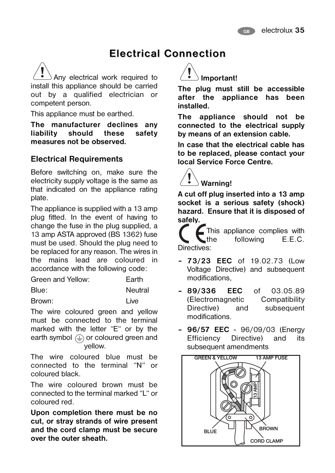 Electrolux ENB 35405 S, ENB 39405 S user manual Electrical Connection, Electrical Requirements, 89/336 EEC 