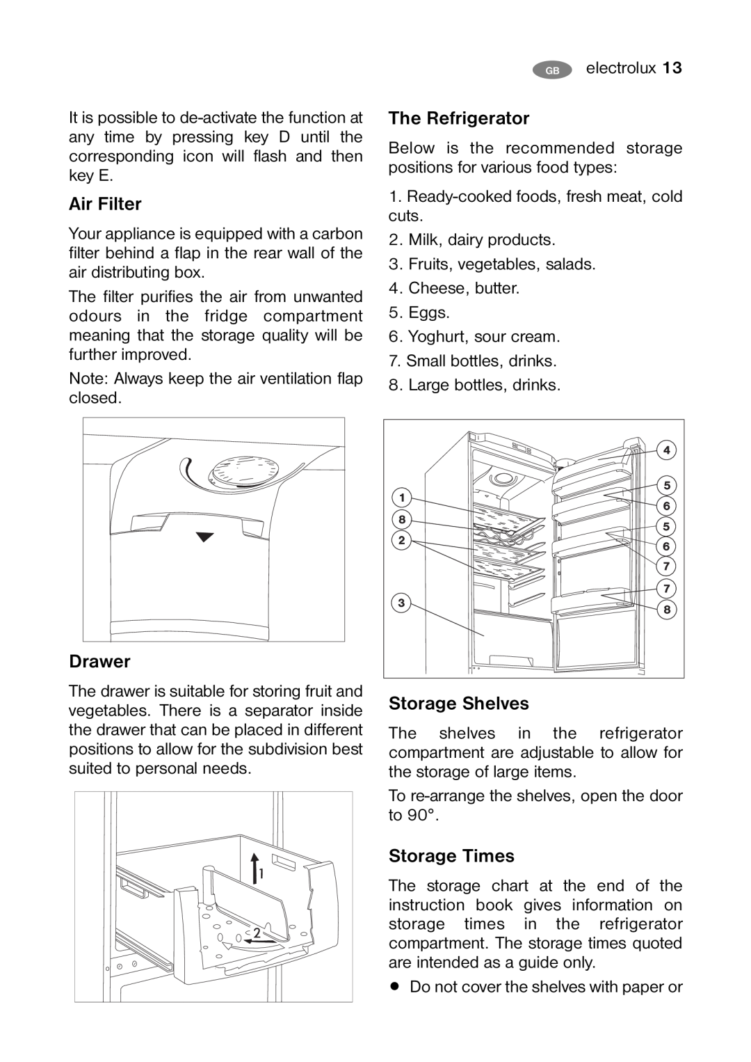 Electrolux ENB 40200 W user manual Air Filter, Drawer, The Refrigerator, Storage Shelves, Storage Times 