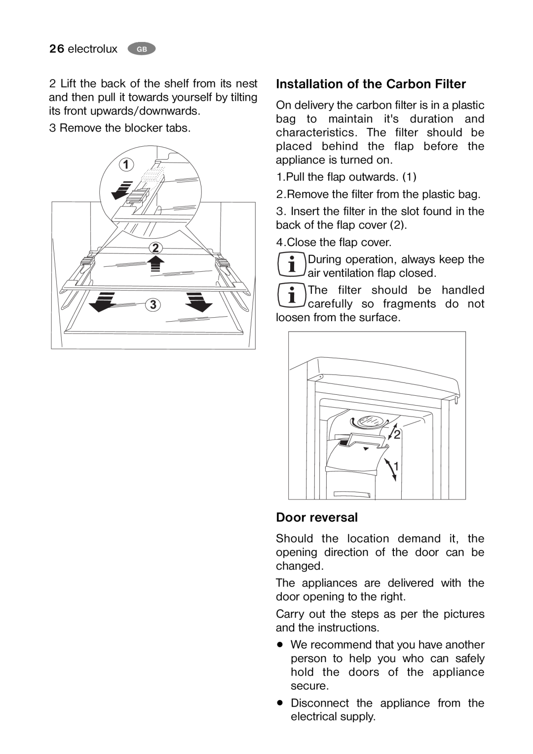 Electrolux ENB 40200 W user manual Installation of the Carbon Filter, Door reversal 
