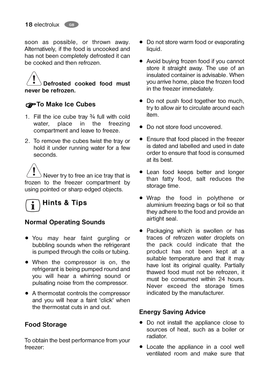 Electrolux ENB 40400 X Hints & Tips, To Make Ice Cubes, Normal Operating Sounds, Food Storage, Energy Saving Advice 