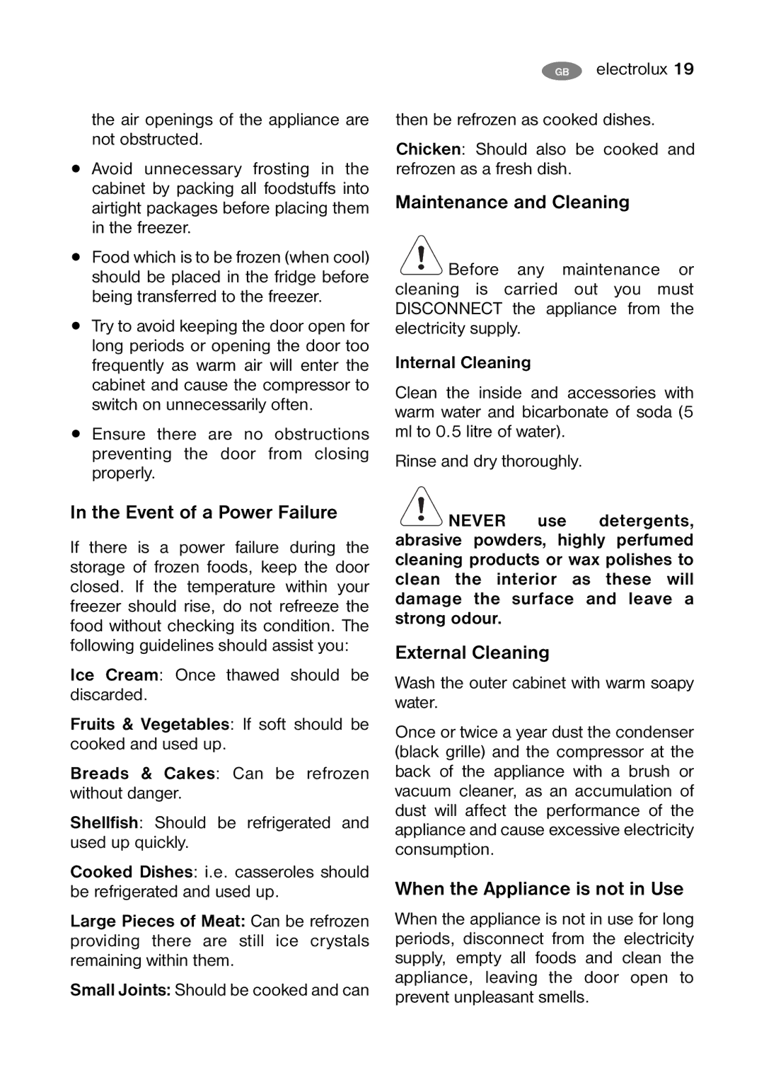 Electrolux ENB 40400 W, ENB 40400 X user manual Event of a Power Failure, Maintenance and Cleaning, External Cleaning 