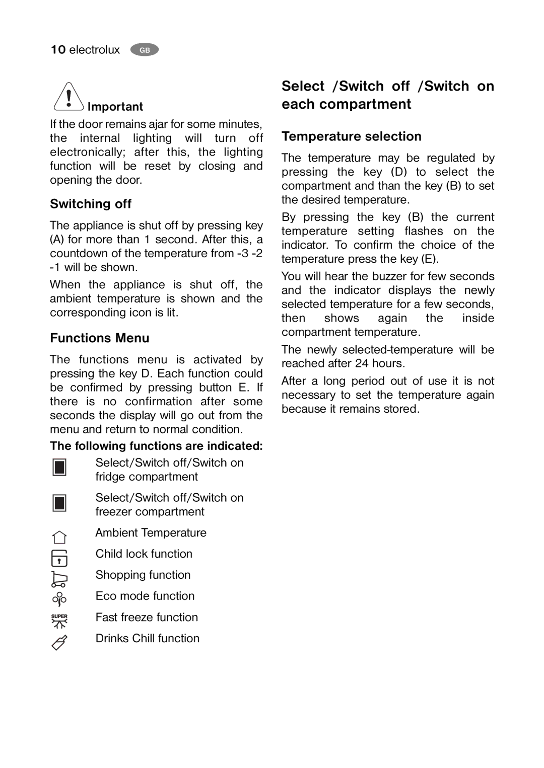 Electrolux ENB 35405 W, ENB 40405 S Select /Switch off /Switch on each compartment, Switching off, Functions Menu 