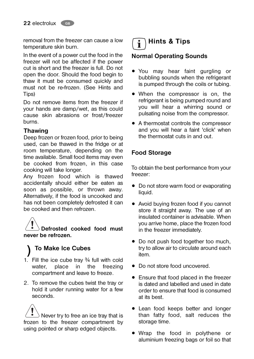 Electrolux ENB 35405 W, ENB 40405 S Hints & Tips, Thawing, To Make Ice Cubes, Normal Operating Sounds, Food Storage 