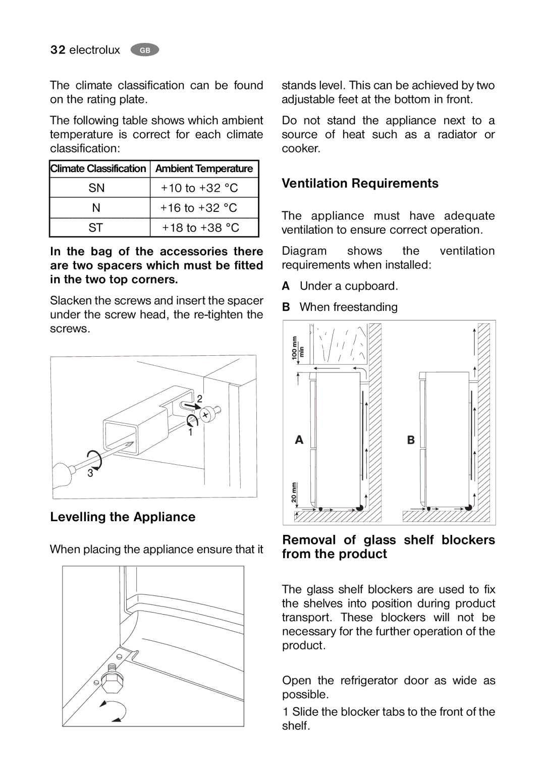 Electrolux ENB 40405 S Levelling the Appliance, Ventilation Requirements, Removal of glass shelf blockers from the product 