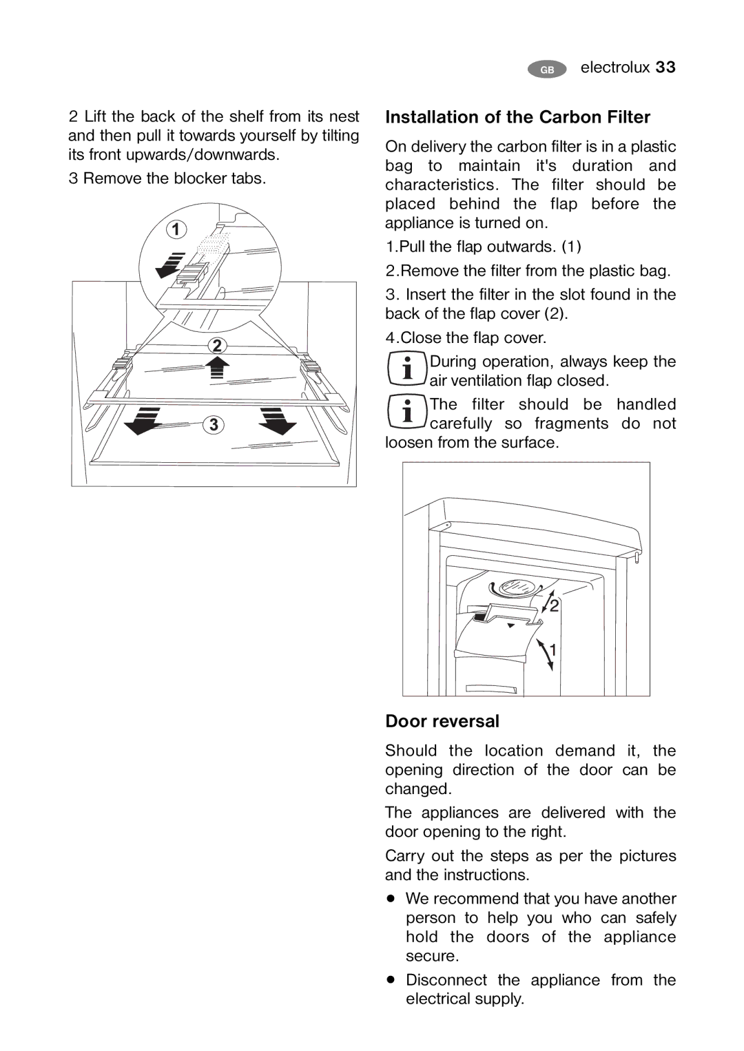 Electrolux ENB 39405 W, ENB 40405 S, ENB 35405 W, ENB 40405 W user manual Installation of the Carbon Filter, Door reversal 