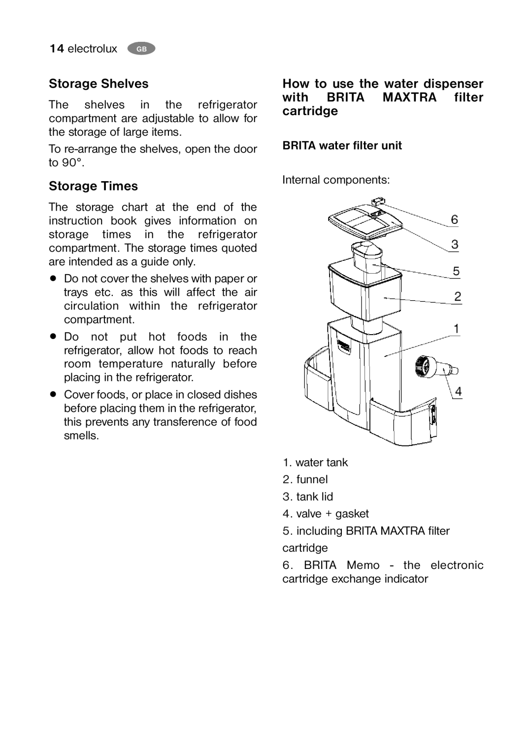 Electrolux ENB 35405 W Storage Shelves, Storage Times, How to use the water dispenser with BRITA MAXTRA filter cartridge 